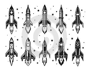 Set of space rockets and shuttles. Black and white silhouettes.