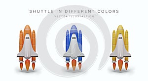 Set of space shuttles of different colors. Isolated vector space vehicles