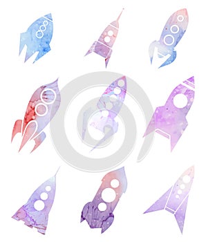 Set of spacecraft icons with watercolor background.