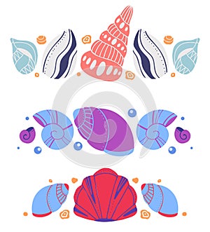 Set of spacers with seashells, sand and bubbles. Vector ocean design element. Hand drawn flat baby marine text delimiters