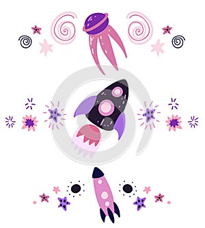 Set of spacers with stars, rocket, shuttle and spacecraft. Vector space design elements. Hand drawn flat baby cosmos text