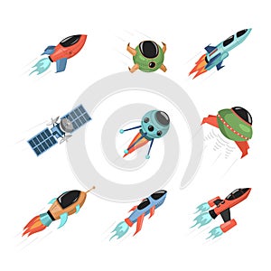 Set of spaceships and satellites on white background. Spacecrafts exploring cosmos vector flat illustration.