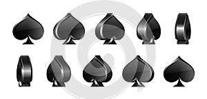 Set of Spades suit cards. The suit of playing cards is rotated at different angles. 3d Vector