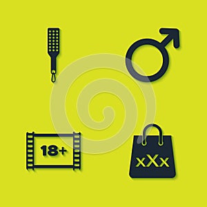 Set Spanking paddle, Shopping bag with triple X, Play Video 18 plus and Male gender symbol icon. Vector