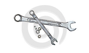 Set of spanners and nuts, mechanic`s tool, isolated on white background, evenly distributed