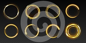 Set of sparking golden circles. Template decoration elements, gold frames rings with shining glitter