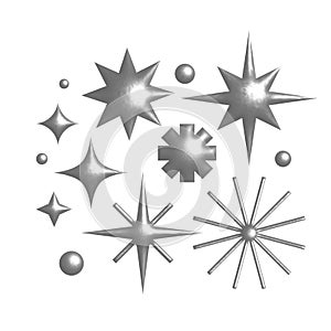 Set of Sparkle 3d Star Shapes. Vector Y2k Elements. Trendy Collection of Abstract Figures with Shiny Silver Metallic