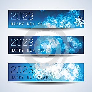 Set of Sparkling Shimmering Ice Cold Blue Horizontal Christmas, Happy New Year Headers or Banners for Web, Vector Design Template