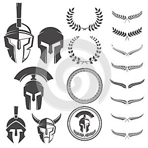 Set of the spartan warriors helmets and design elements for emblem