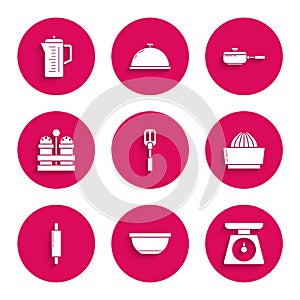 Set Spatula, Bowl, Scales, Citrus fruit juicer, Rolling pin, Salt and pepper, Frying pan and Teapot icon. Vector