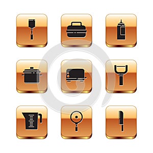 Set Spatula, Measuring cup, Frying pan, Toaster, Cooking pot, Sauce bottle, Knife and icon. Vector