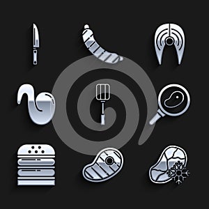Set Spatula, Steak meat, Fresh frozen steak, in frying pan, Burger, Fried chicken wing, Fish and Knife icon. Vector