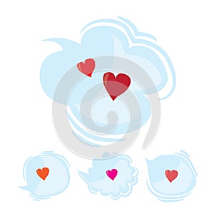 Set of speak and think clouds with red hearts. Cartoon love dialog bubbles. Flat vector Valentines Day design elements,