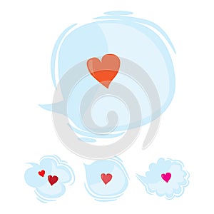 Set of speak and think clouds with red hearts. Cartoon love dialog bubbles. Flat vector Valentines Day design elements,