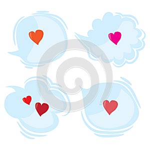 Set of speak and think clouds with red hearts. Cartoon love dialog bubbles. Flat vector Valentines Day design elements,