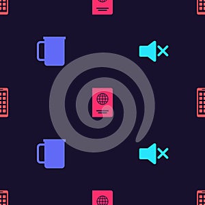 Set Speaker mute, Coffee cup, Passport and Mobile Apps on seamless pattern. Vector