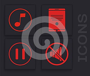 Set Speaker mute, Music note, tone, Tablet and Pause button icon. Vector