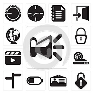 Set of Speaker, Unlocked, Id card, Battery, , Wireless internet, Video player, Locked, Worldwide, editable icon pack