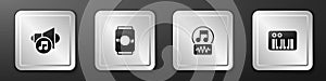 Set Speaker volume, Beer can, Music note, tone and synthesizer icon. Silver square button. Vector