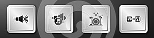 Set Speaker volume, , Drums and Music note, tone icon. Silver square button. Vector