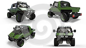 Set special all-terrain vehicle for difficult terrain and difficult road and weather conditions. 3d rendering.