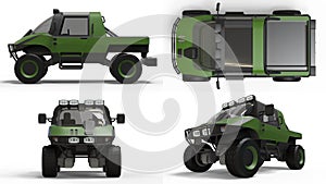 Set special all-terrain vehicle for difficult terrain and difficult road and weather conditions. 3d rendering.