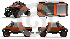 Set special all-terrain vehicle for difficult terrain and difficult road and weather conditions. 3d rendering.