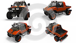 Set special all-terrain vehicle for difficult terrain and difficult road and weather conditions. 3d rendering.