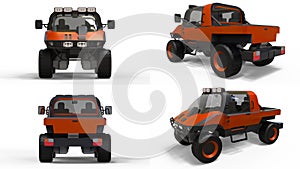 Set special all-terrain vehicle for difficult terrain and difficult road and weather conditions. 3d rendering.