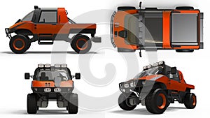 Set special all-terrain vehicle for difficult terrain and difficult road and weather conditions. 3d rendering.