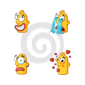 Set of special funny cartoon stickers character head, yellow color, with large lips and eyes in a vector on a white background