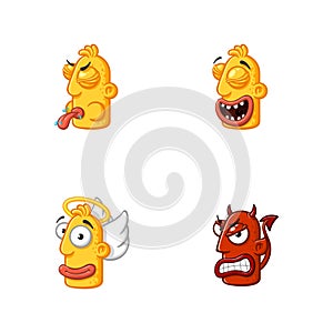 Set of special funny cartoon stickers character head, yellow color, with large lips and eyes in a vector on a white background