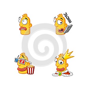 Set of special funny cartoon stickers character head, yellow color, with large lips and eyes in a vector on a white background
