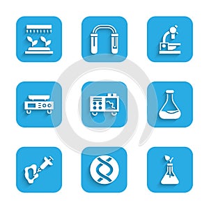 Set Spectrometer, DNA symbol, Plant breeding, Test tube and flask, Syringe, Electronic scales, Microscope and Automatic