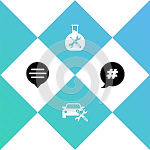 Set Speech bubble chat, Car service, Bioengineering and Hashtag speech icon. Vector