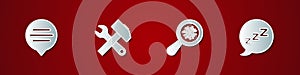 Set Speech bubble chat, Crossed hammer and wrench, Microorganisms under magnifier and with snoring icon. Vector