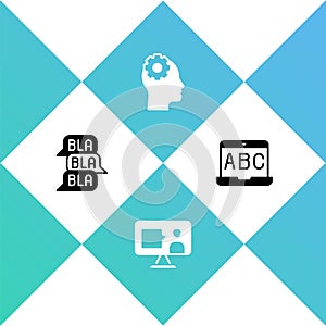 Set Speech bubble chat, Foreign language online study, Head with gear inside and icon. Vector