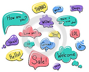 Set of speech bubble Clouds for online chat with different words and colored shapes.