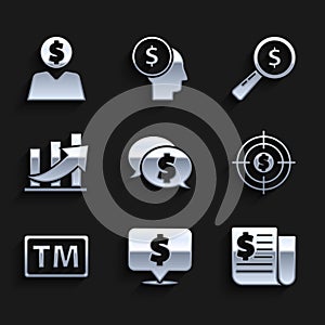 Set Speech bubble with dollar, Financial news, Target, Trademark, growth and coin, Magnifying glass and Business man