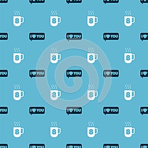 Set Speech bubble with I love you and Coffee cup with 8 March on seamless pattern. Vector