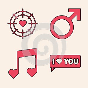 Set Speech bubble with I love you, Heart in the center of darts target aim, Male gender symbol and Music note, tone with