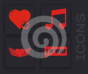 Set Speech bubble with I love you, Heart, Music note, tone with hearts and Heart with wings icon. Vector