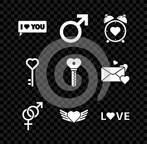 Set Speech bubble with I love you, Male gender symbol, Heart in the center alarm clock, Gender, wings, Love text, Key
