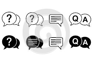 Set of speech bubble icons with question marks and qa text, representing communication and dialogue, isolated on transparent