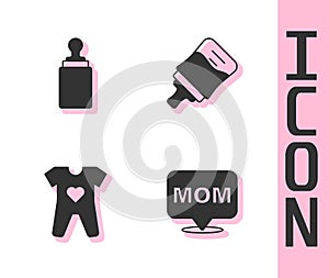 Set Speech bubble mom, Baby bottle, clothes and icon. Vector