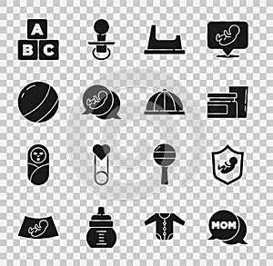 Set Speech bubble mom, Baby on shield, food, potty, Beach ball, ABC blocks and hat icon. Vector