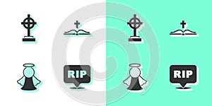 Set Speech bubble rip death, Grave with cross, Angel and Holy bible book icon. Vector