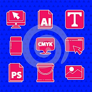 Set Speech bubble with text CMYK, Paint bucket, Picture landscape, Web design development, PS File document, Eraser or
