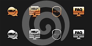 Set Speech bubble with text Help, Computer monitor and help, Shield and FAQ icon. Vector