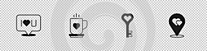 Set Speech bubble text I love you, Coffee cup and heart, Key in shape and Location with icon. Vector